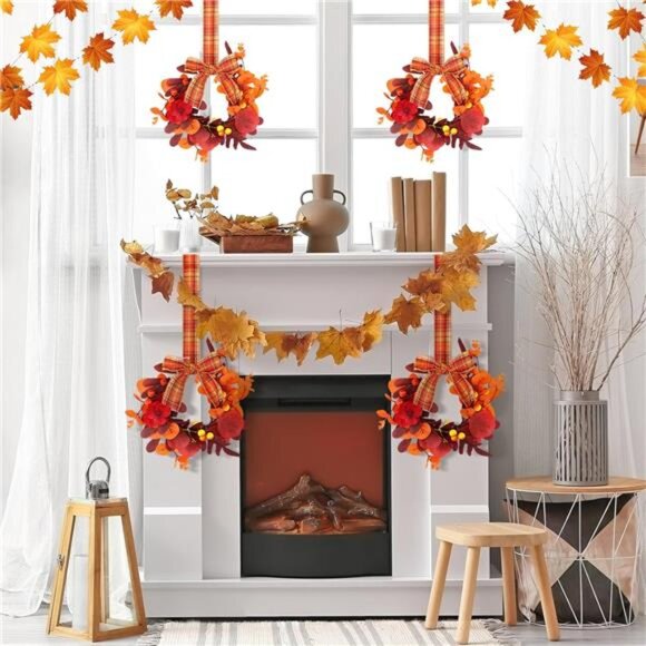 2 Pcs 9" Mini Fall Wreaths for Front Door Autumn Maple Leaf Wreath with Rustic - Picture 4 of 7